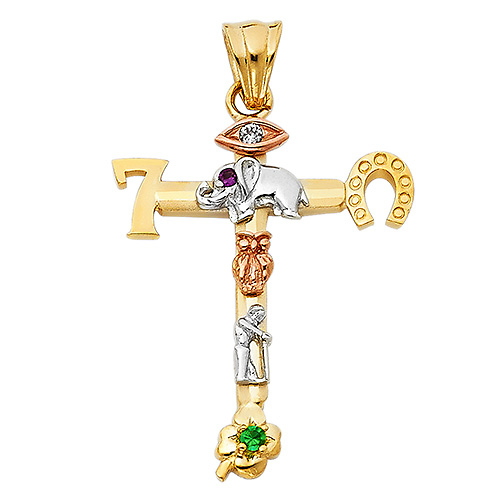 Small Good Luck Icon Cross Pendant in 14K TriGold Slide 1