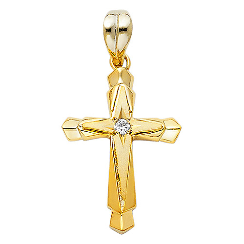 Fancy Solitaire CZ Stacked Cross Pendant in 14K Yellow Gold- Small Slide 1