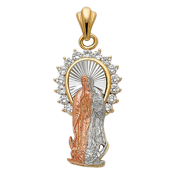 Our Lady of Guadalupe with CZ Halo Pendant - 14K Tricolor Gold - Medium Slide 0