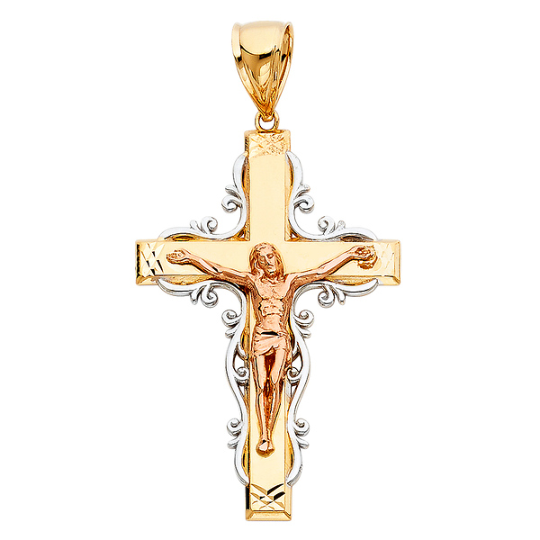 White Filigree-Edge Crucifix Pendant in 14K Two-Tone Gold - Large Slide 0