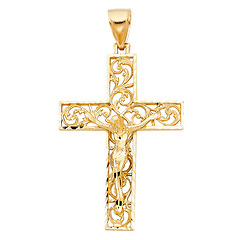 Scrolling Ivy Diamond-Cut Crucifix Pendant in 14K Yellow Gold - Large