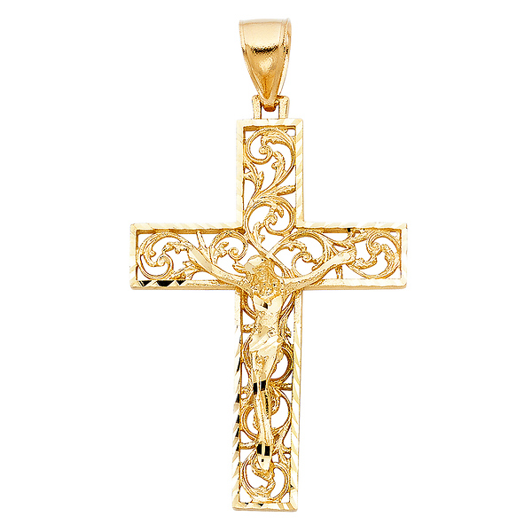 Scrolling Ivy Diamond-Cut Crucifix Pendant in 14K Yellow Gold - Large Slide 0
