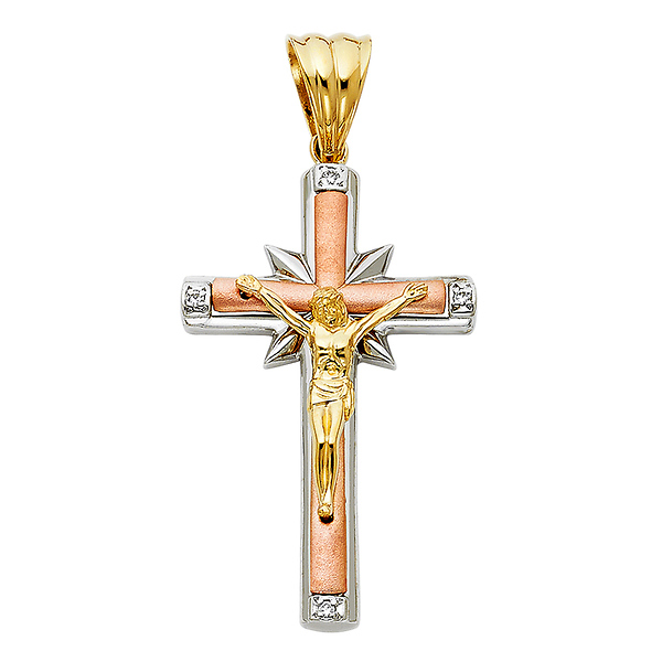 Raised Crucifix Pendant with CZs and White Gold Rays in 14K TriGold - Large Slide 0