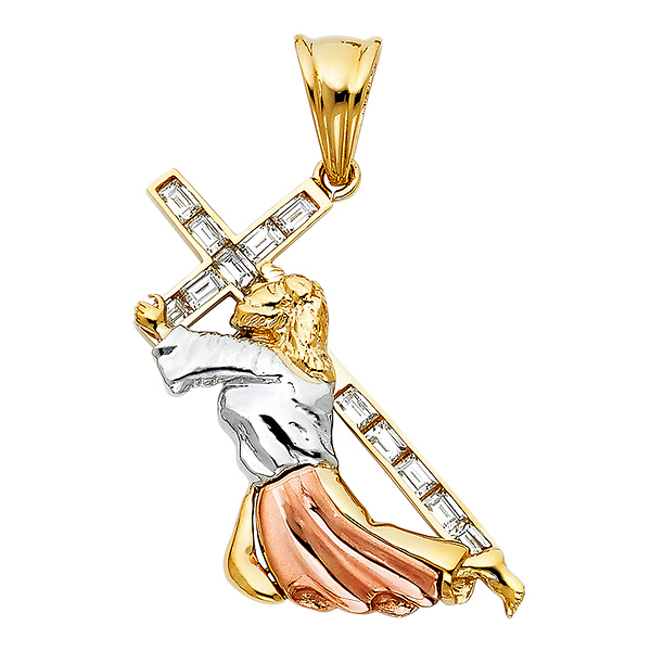 CZ Jesus Carrying Cross Crucifix Pendant in 14K TriGold - Medium Slide 0