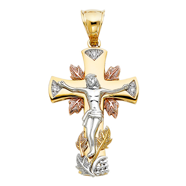 CZ Ornate Leaves Crucifix Pendant in 14K TriGold XXL Slide 0