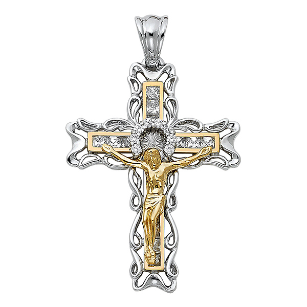 Ornate Open Paisley CZ Crucifix Pendant in 14K Two-Tone Gold XL Slide 0