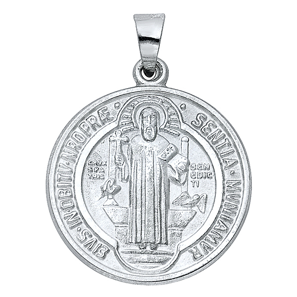 St Benedict 'EIVS IN OBITV NRO PRA SENTIA MVNIAMVR' Medal Pendant in Sterling Silver - Medium Slide 0
