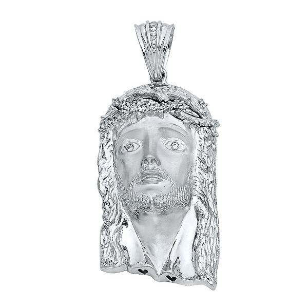 XL CZ Face of Jesus Crown of Thorns in Sterling Silver Slide 0