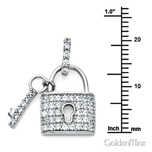 Micropave CZ-Filled Lock & Key Pendant in 14K White Gold - Petite Slide 1