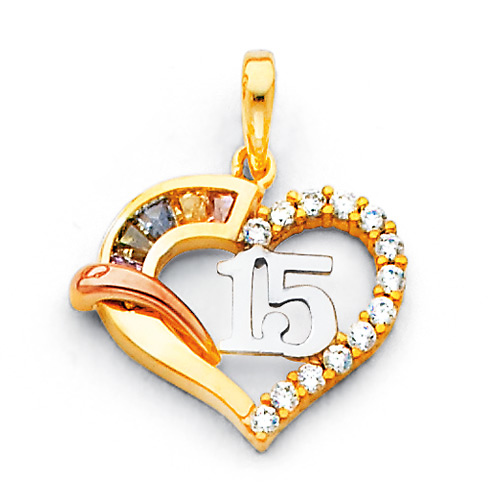 Quinceanera 15 Años CZ Open Heart Charm Pendant in 14K TriGold - Mini Slide 0