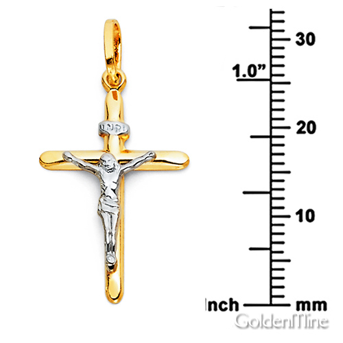 Small Tapered Crucifix Pendant in 14K Two-Tone Gold - Classic 25mm H Slide 1