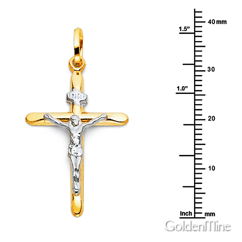 Small Tapered Crucifix Pendant in 14K Two-Tone Gold - Classic 32mm H Slide 1