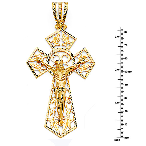 XXXL Foliage Tapered Crucifix Pendant in 14K Yellow Gold Slide 1