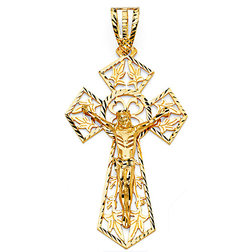 XXXL Foliage Tapered Crucifix Pendant in 14K Yellow Gold Slide 0