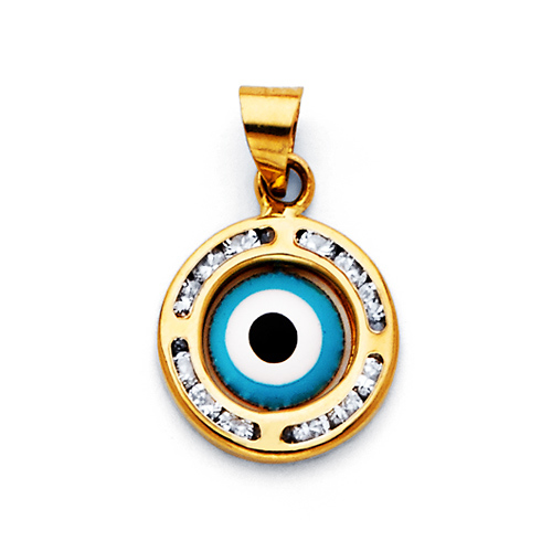 CZ Sky Blue Round Evil Eye Pendant in 14K Yellow Gold - Petite Slide 0