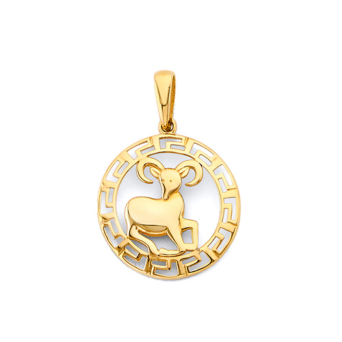 Greek Key Circle Zodiac Pendant in 14K Yellow Gold - Aries Slide 0