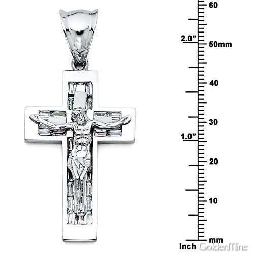 Large Flat Baguette CZ Crucifix Pendant - Sterling Silver (Rhodium) Slide 1
