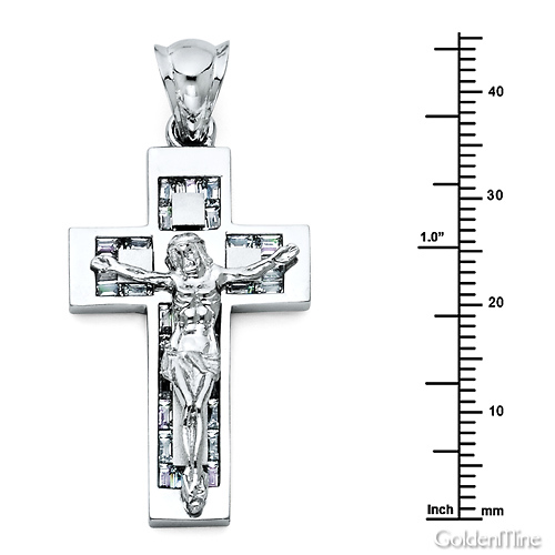 Medium Flat Baguette CZ Crucifix Pendant - Sterling Silver (Rhodium) Slide 1