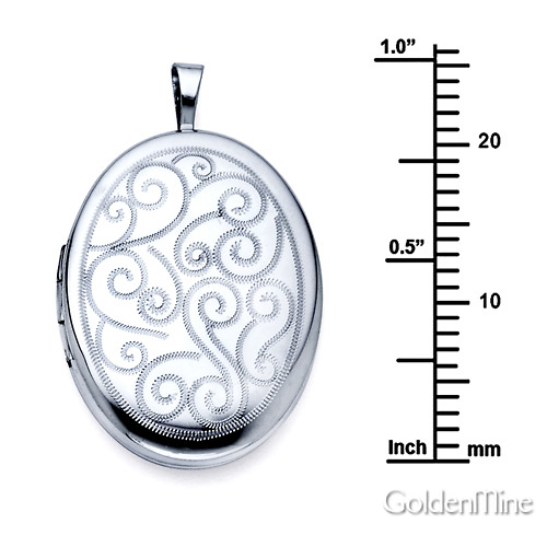 Flourish Engraved Oval Locket Pendant in Sterling Silver (Rhodium) - Small Slide 1