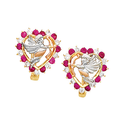 Cupid CZ Heart Earrings in 14K Tricolor Gold Slide 0