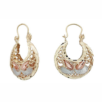 Small Butterfly Filigree Crescent Earrings in 14K Tri Color Gold Slide 0