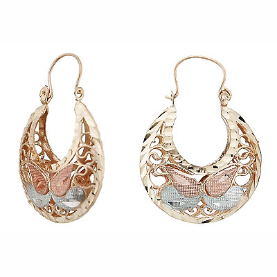 Medium Butterfly Filigree Crescent Earrings in 14K Tri Color Gold Slide 0