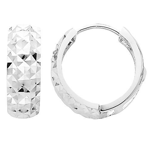 Large Thick Faceted 14K White Gold Huggie Earrings 5mm x 15mm Slide 0