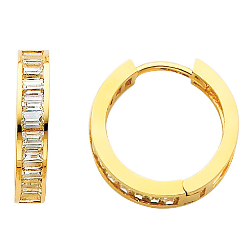 14K Yellow Gold CZ Huggie Earrings 4mm x 15mm Slide 0