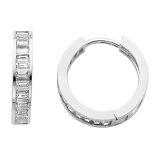 Large 14K White Gold Baguette CZ Huggie Earrings 4mm x 15mm Slide 0