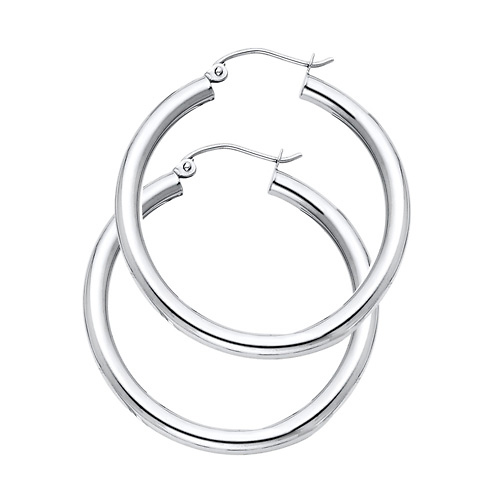 Medium High Polished Thick Hoop Earrings - 14K White Gold 3mm x 1.1 inch Slide 0