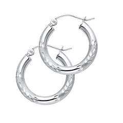 Small High Polished & Satin Hoop Earrings - 14K White Gold 3mm x 0.7 inch