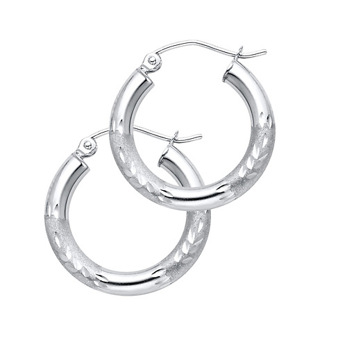 Small High Polished & Satin Hoop Earrings - 14K White Gold 3mm x 0.7 inch Slide 0