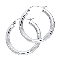 Medium High Polished & Satin Hoop Earrings - 14K White Gold 3mm x 0.9 inch