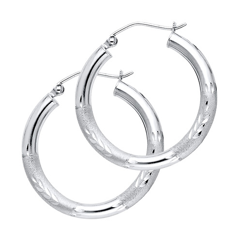Medium High Polished & Satin Hoop Earrings - 14K White Gold 3mm x 0.9 inch Slide 0