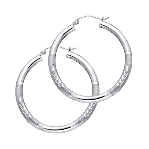 Medium High Polished & Satin Hoop Earrings - 14K White Gold 3mm x 1.1 inch Slide 0
