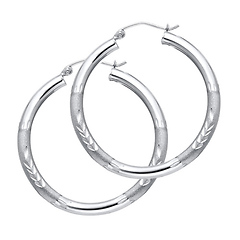 Medium High Polished & Satin Hoop Earrings - 14K White Gold 3mm x 1.3 inch