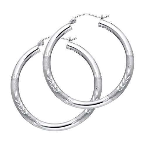 Medium High Polished & Satin Hoop Earrings - 14K White Gold 3mm x 1.3 inch Slide 0