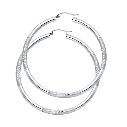 Large High Polished & Satin Hoop Earrings - 14K White Gold 3mm x 1.8 inch Slide 0