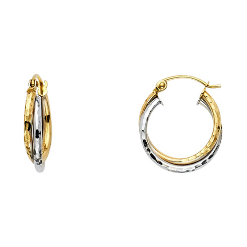 Petite Hammered Double Hoop Earrings - 14K Two-Tone Gold 3mm x 0.5 inch Slide 0