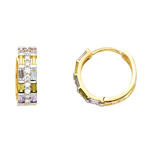 14K Yellow Gold Pastel Multicolor CZ Huggie Hoop Earrings Slide 0