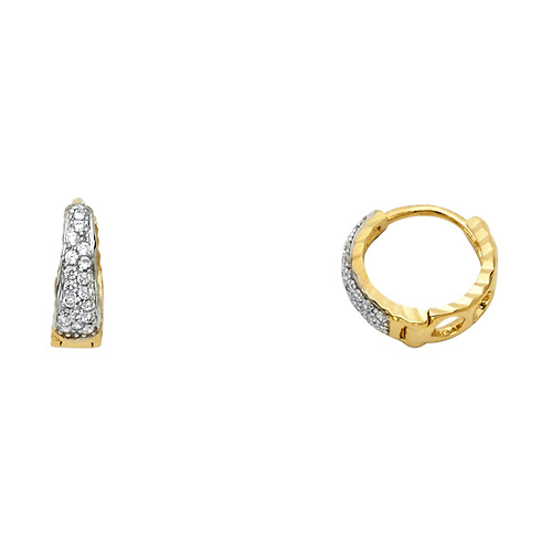 14K Two-Tone Gold Semi-Dome Pave CZ Huggie Hoop Earrings Slide 0