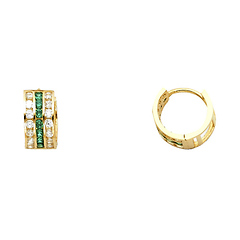 14K Yellow Gold Green & Clear CZ Huggie Hoop Earrings