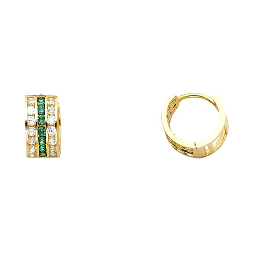 14K Yellow Gold Green & Clear CZ Huggie Hoop Earrings Slide 0