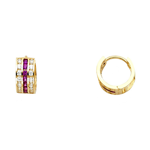 14K Yellow Gold Purple & White Channel-Set CZ Huggie Hoop Earrings Slide 0