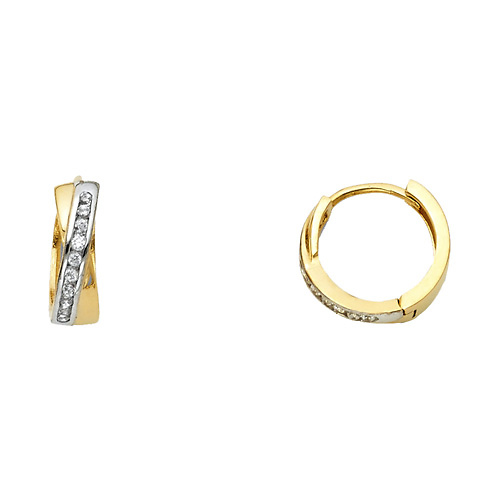 14K Two-Tone Gold Semi-Lined CZ Huggie Hoop Earrings Slide 0