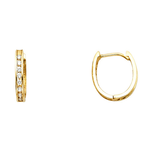 14K Yellow Gold Oval Channel-Set Round-Cut CZ Huggie Hoop Earrings Slide 0