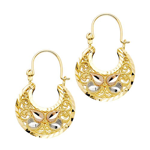 Fancy Filigree Diamond-Cut Hoop Earrings - 14K TriGold Slide 0