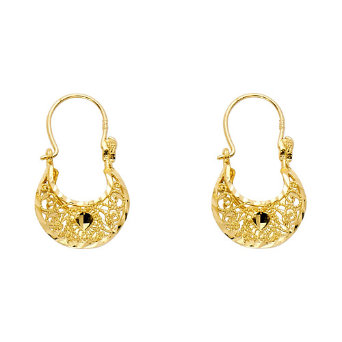 Fancy Crescent Faceted & Filigree Hoop Earrings - 14K Yellow Gold Slide 0