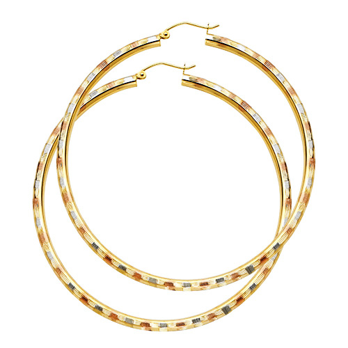 Extra Large Fancy Diamond-Cut Hoop Earrings - 14K TriGold 3mm x 2.5 inch Slide 0