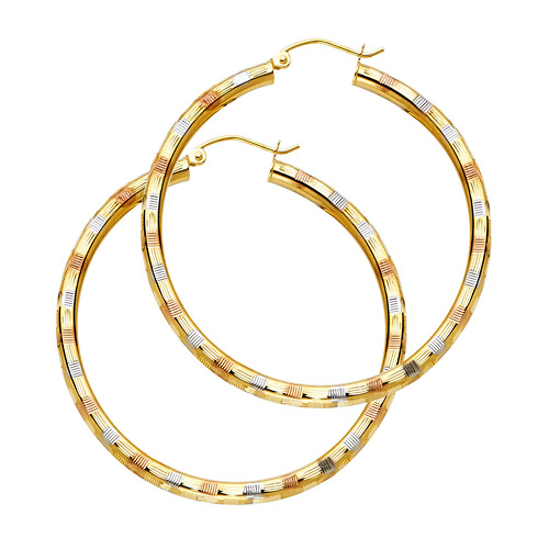 Large Fancy Diamond-Cut Hoop Earrings - 14K TriGold 3mm x 1.7 inch Slide 0